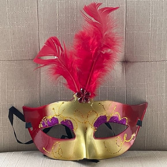 Light Up Mask for Halloween Party Mask Red Faux Feather Eye Mask - Picture 2 of 7